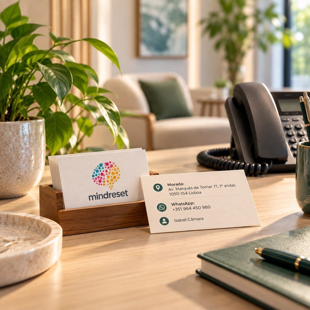 Contacto da Mindreset em Lisboa com telefone, morada e cartão de visita
